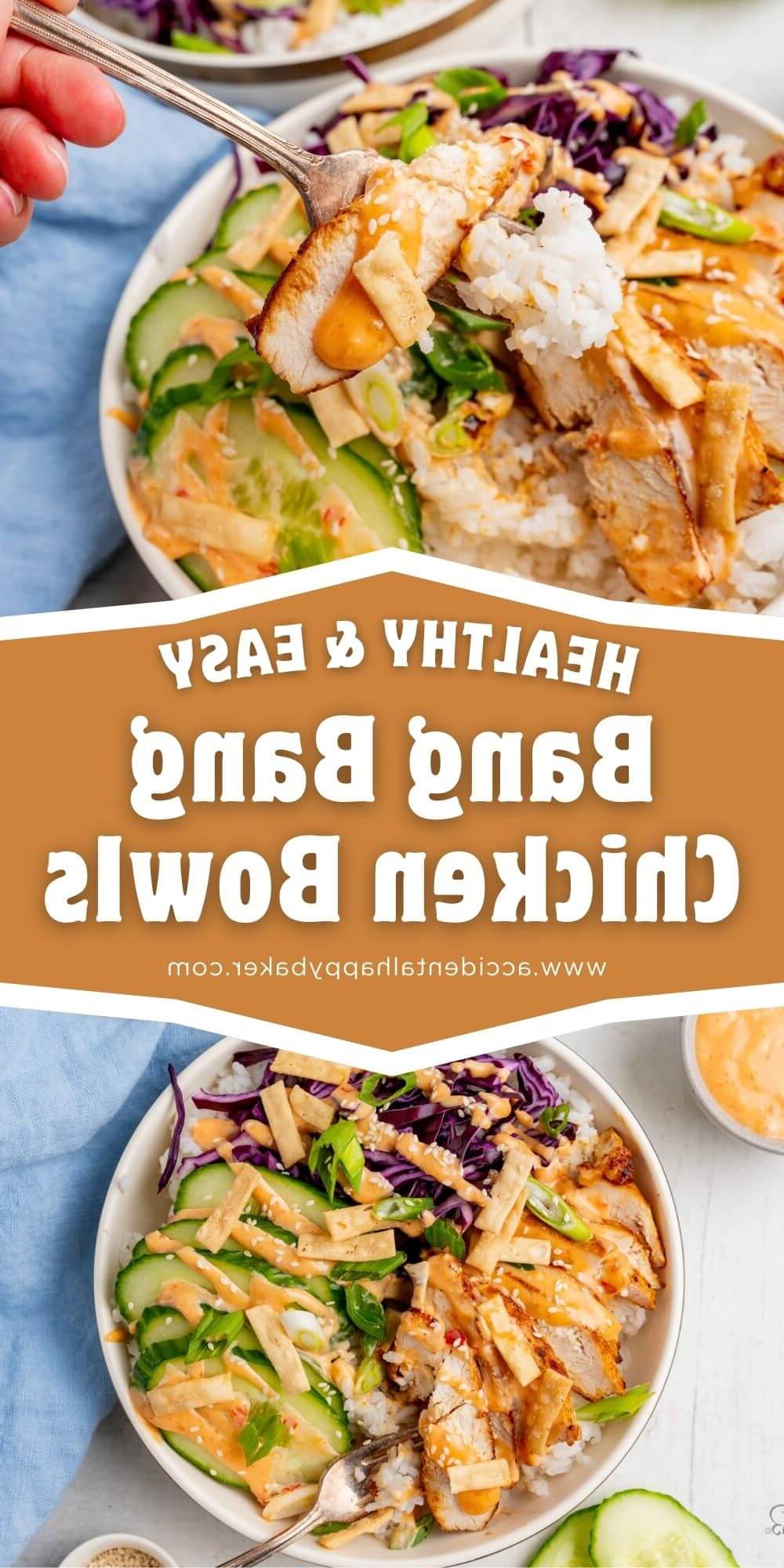 Bang Bang Chicken Bowls make a quick and easy weeknight dinner. Flavorful marinated chicken and rice are topped with a sweet and spicy homemade bang bang sauce and crunchy fresh veggies, like cabbage, cucumbers, and green onions for a hearty and satisfying meal all in one bowl!
