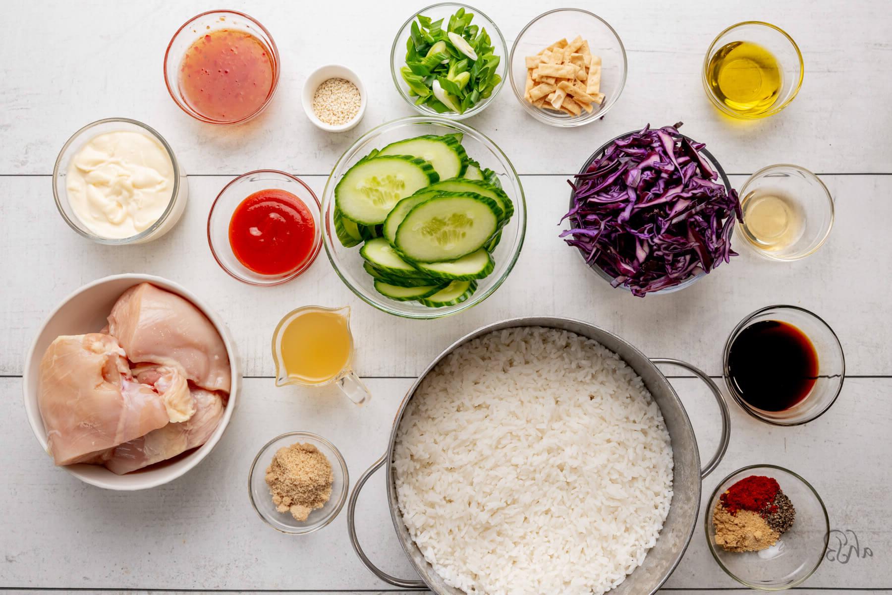 The ingredients are separated out into individual glass bowls.