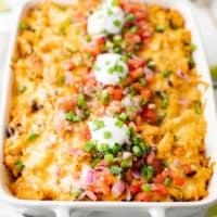 Fiesta chicken casserole in a baking dish.