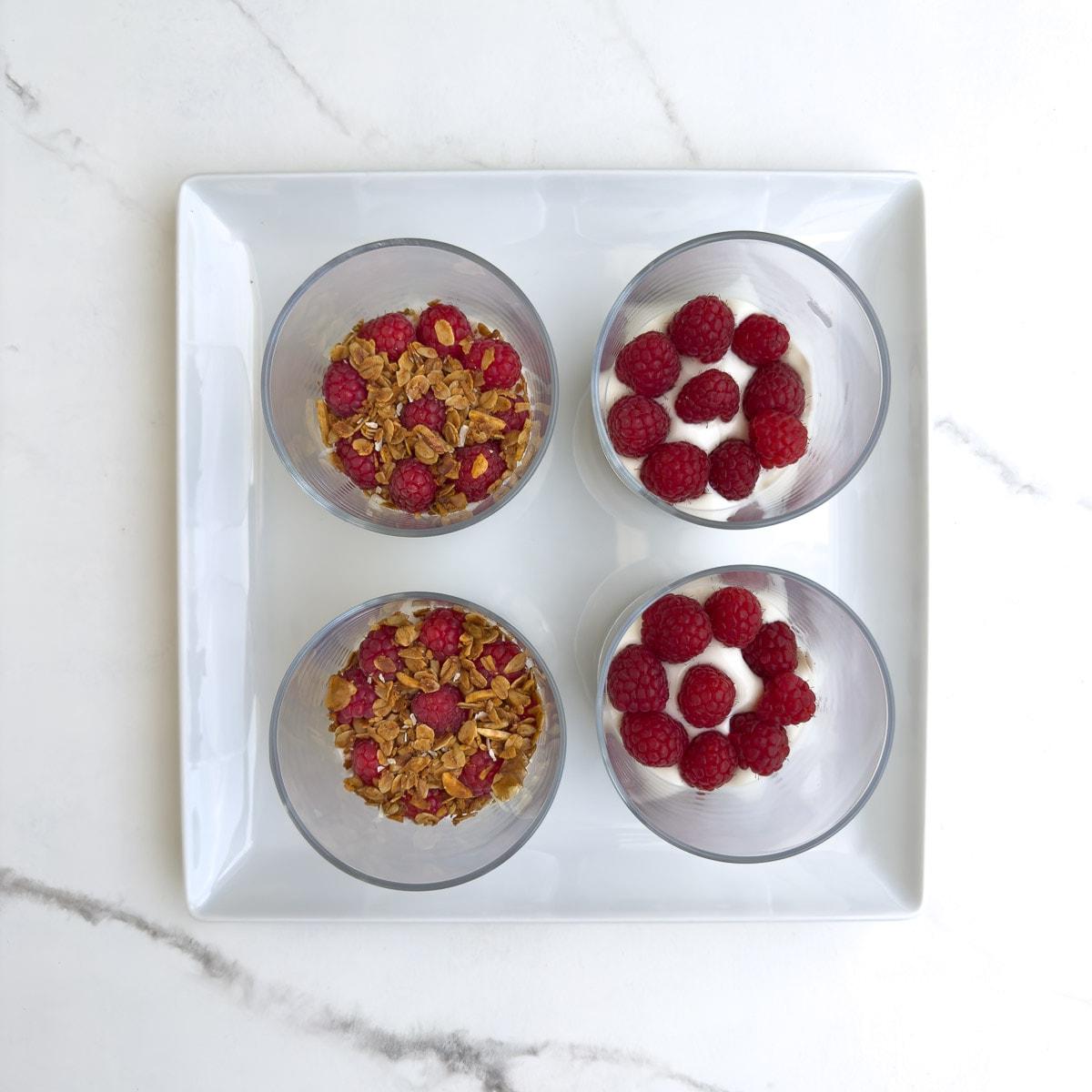 How to make a yogurt parfait, layering ingredients in a glass.