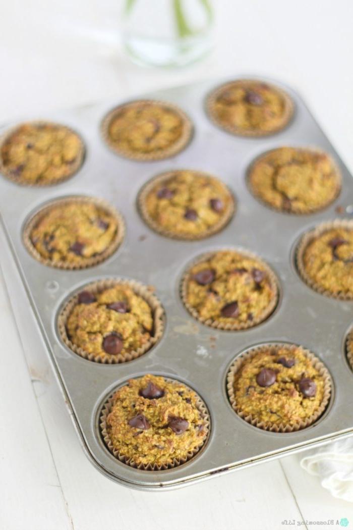 gluten free pumpkin muffins with chocolate chips in a muffin tin